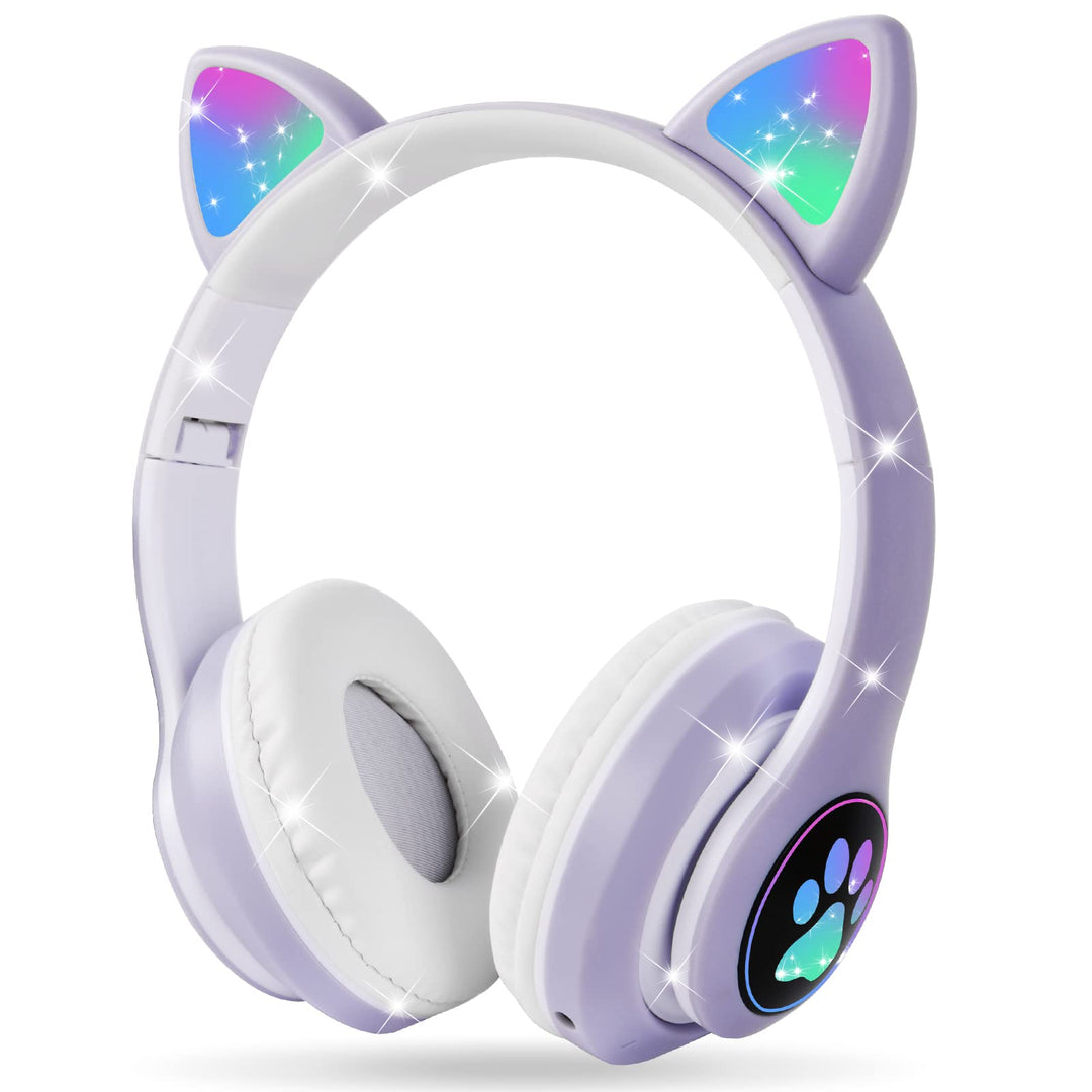 AXFEE Kinderkopfhörer Bluetooth, Katzenohr Over-Ear mit LED-Licht, Faltbar, Stereo, Kabellos mit Mik