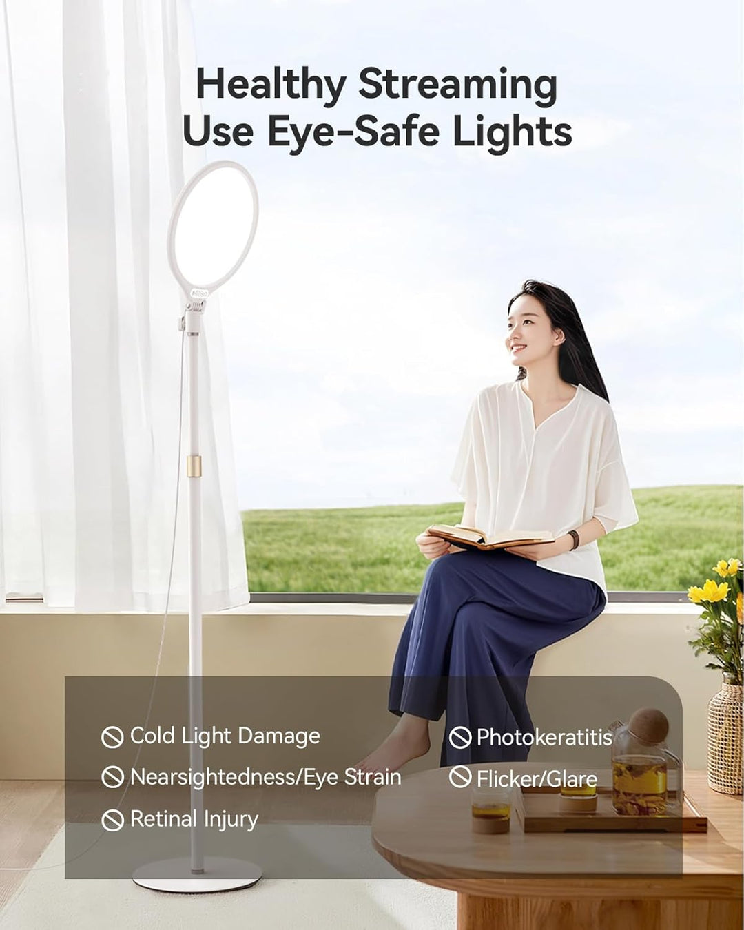 TELESIN Augensicheres Ringlicht mit Stativ, 6500K Weiches Vollbildlicht, 9 Helligkeitsstufen + 3 Lic