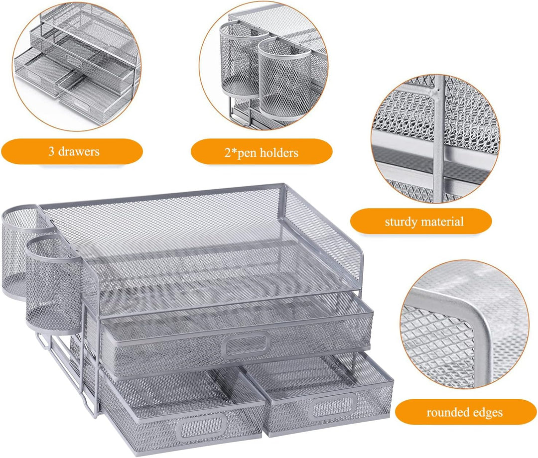 3-Trays Desktop Organizer mit Schublade, Mesh Büro Schreibtisch liefert Organizer Dokumenten Buchsta