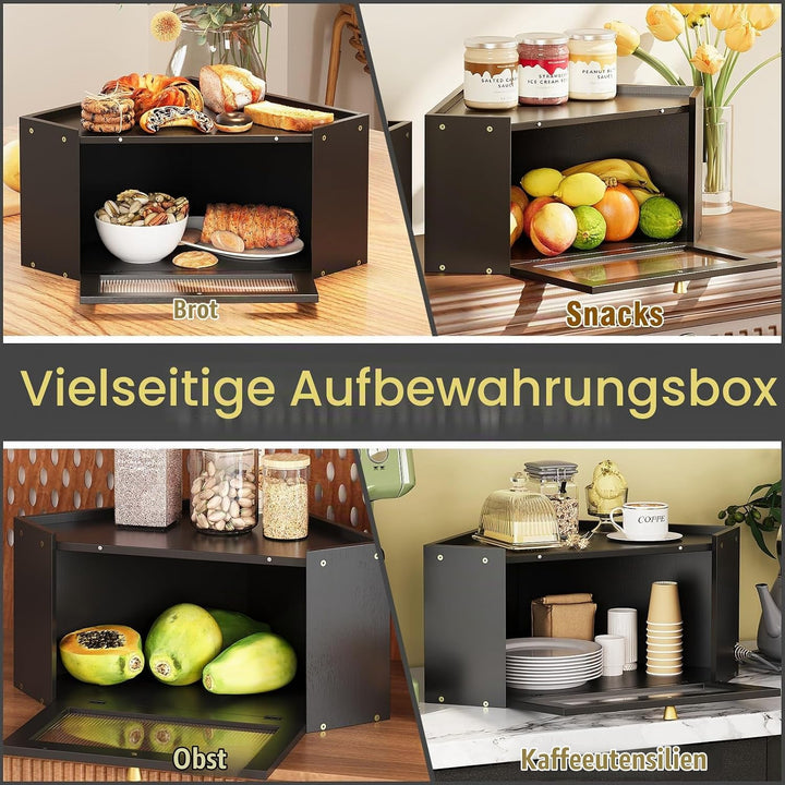 VEDECASA Eck-Brotkasten für Küche Bambus Brotkasten mit Transparenter Acryl-Tür Schwarz Brotkorb für