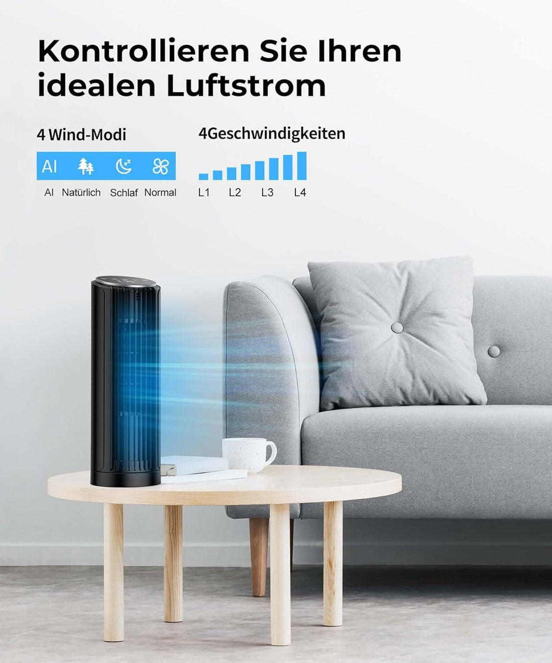 PNTCK Turmventilator mit Fernbedienung, 33cm ventilator leise mit 4 Modi,4 Geschwindigkeiten, 70°Osz