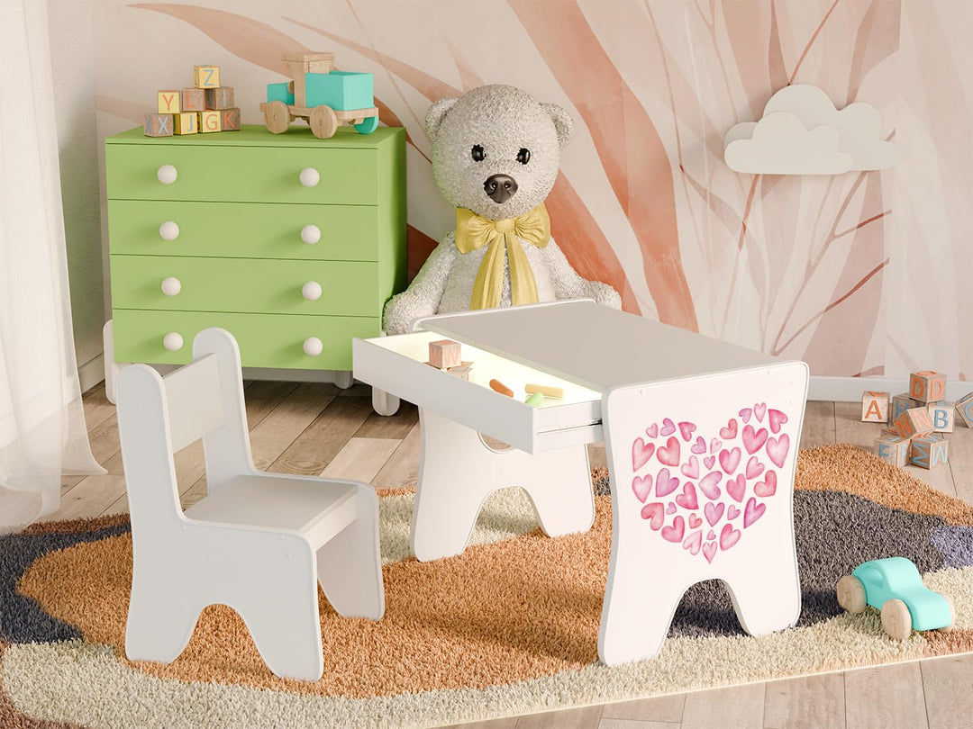 Happy Babies - Kinderschreibtisch-Stuhl-Set, ergonomischer Spieltisch mit geräumiger Schublade - Kin