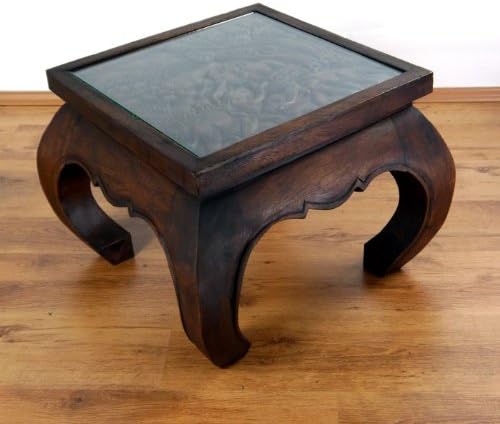 livasia Opiumtisch mit Glasplatte, Massivholztisch, Beistelltisch, Couchtisch mit Elefantenschnitzer