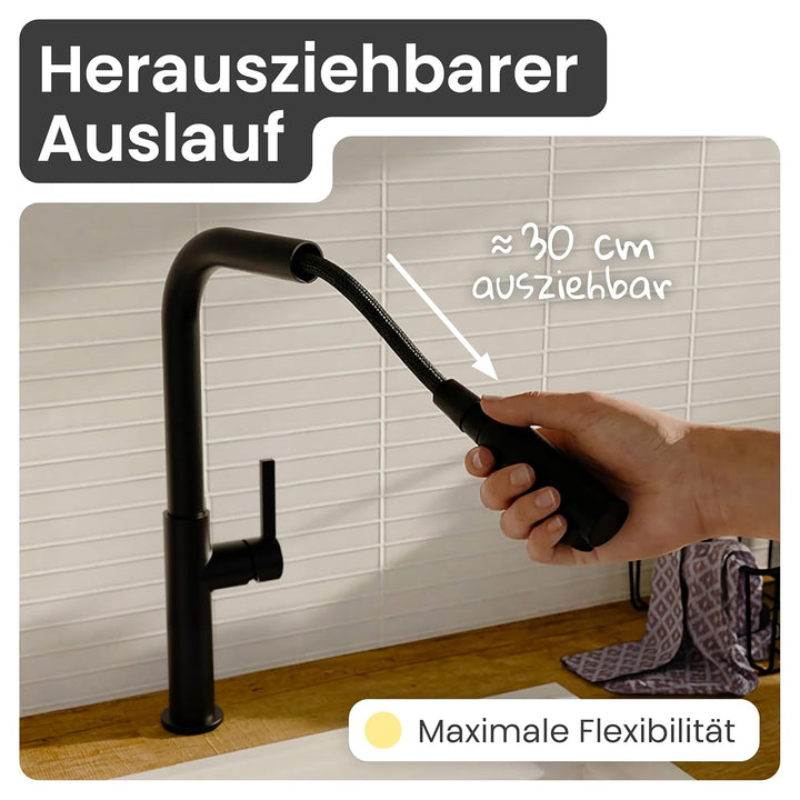 instmaier Cassia | Küchenarmatur mit herausziehbarem Auslauf | schwarz matt | Wasserhahn Küche 360°