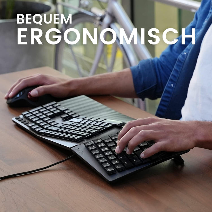 Perixx PERIBOARD-535BL Kabelgebundene ergonomische mechanische Tastatur in voller Grösse – Low Profi