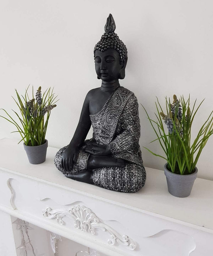 K&L Wall Art Sitzender Buddha Beton Grau Kunststein Feng Shui Deko Figur grosse Buddhastatue Garten