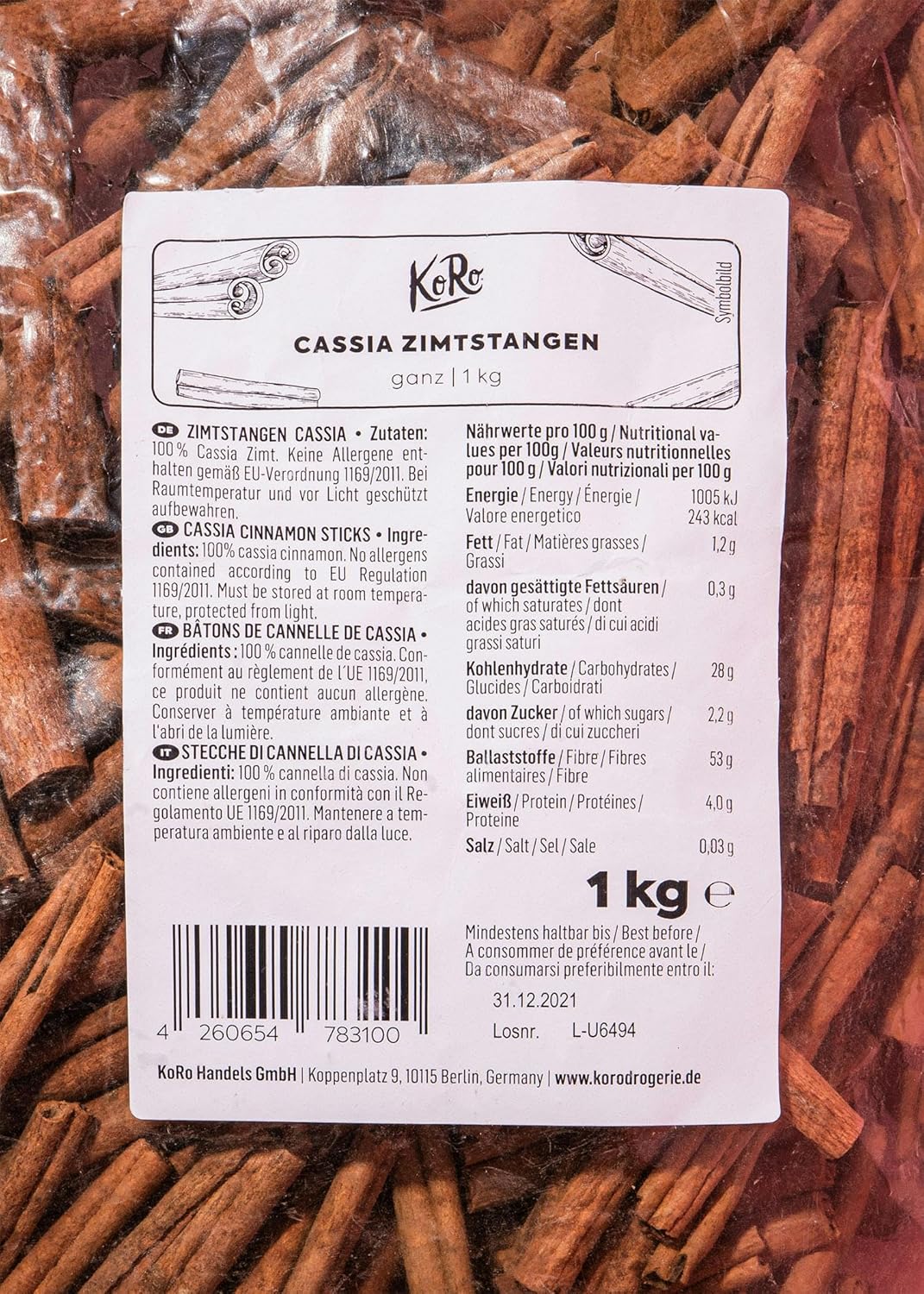 KoRo - Cassia Zimtstangen 1 kg - dein keimreduzierter Zimt-Vorrat, Zimtstangen