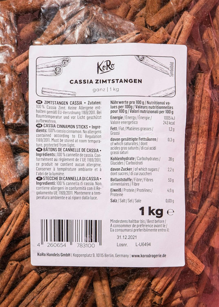 KoRo - Cassia Zimtstangen 1 kg - dein keimreduzierter Zimt-Vorrat, Zimtstangen