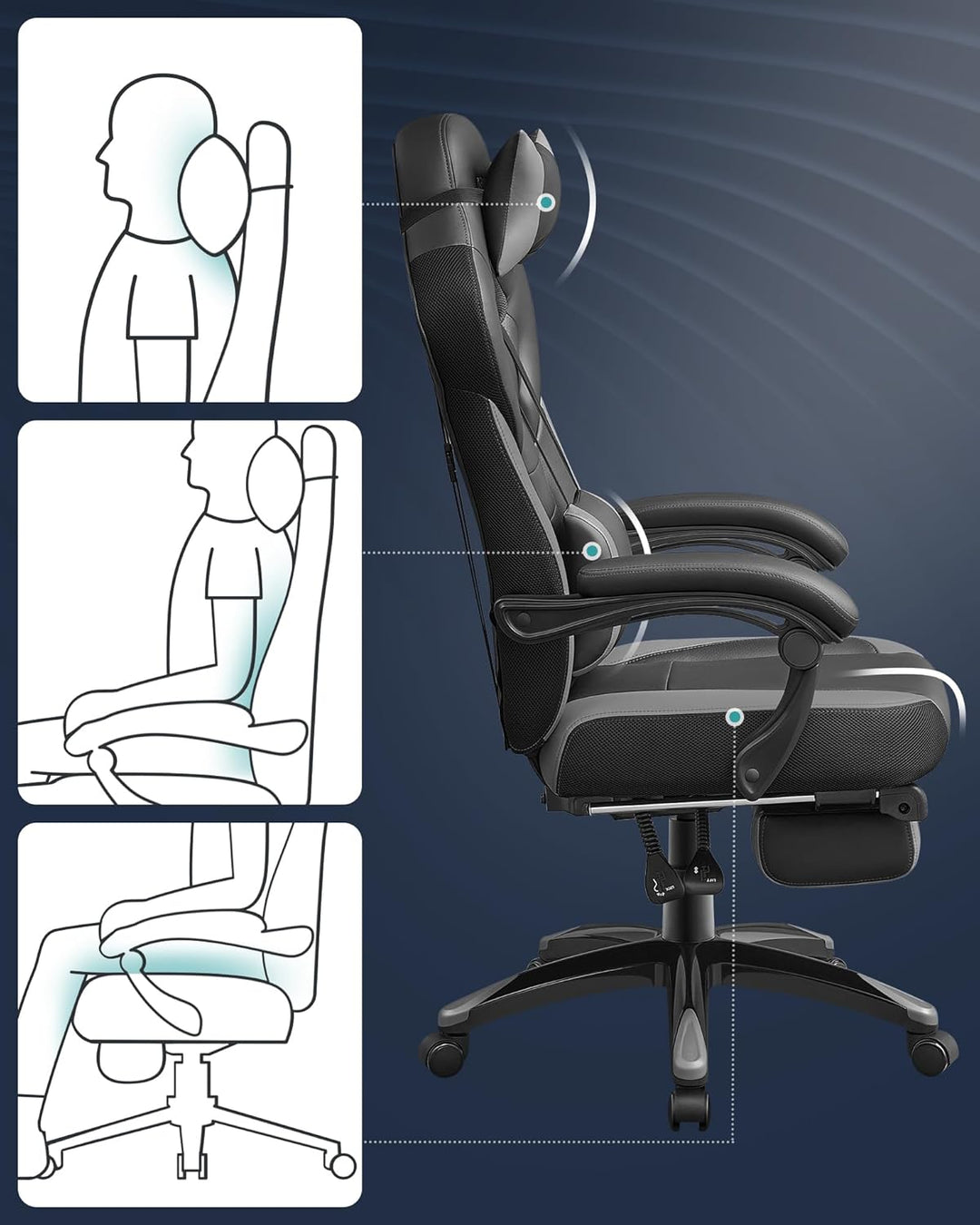 SONGMICS Gaming Stuhl, Bürostuhl mit Fussstütze, Schreibtischstuhl, ergonomisches Design, verstellba