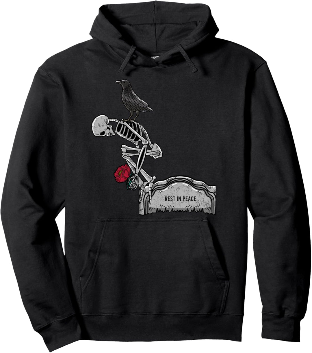 Romantic Broken Skeleton With Crow RIP Skull Goth Emo Gift Pullover Hoodie