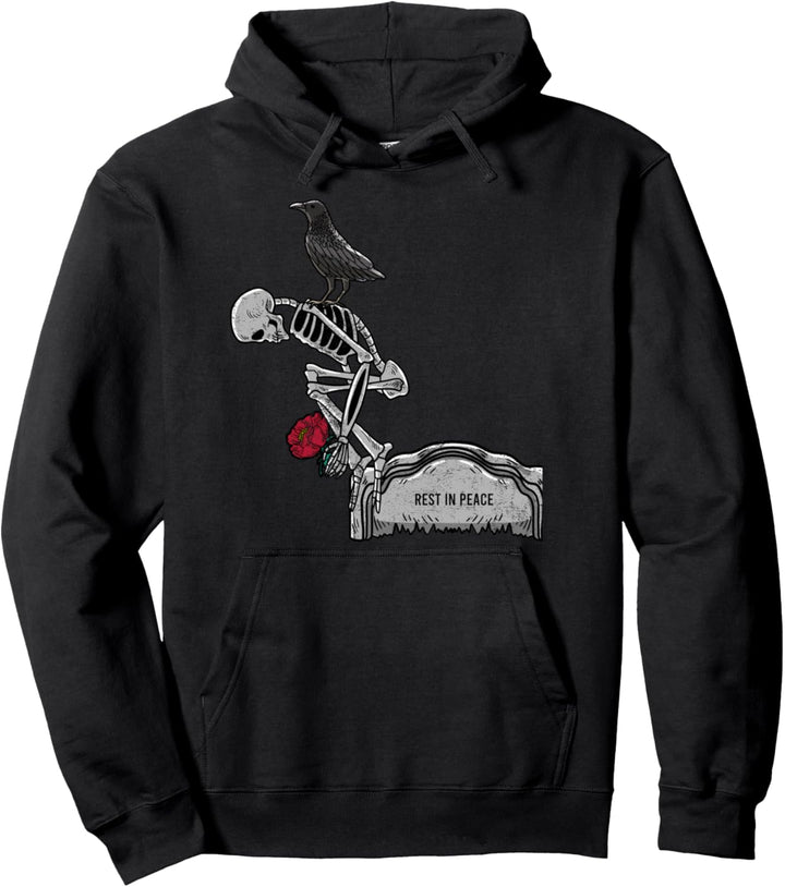 Romantic Broken Skeleton With Crow RIP Skull Goth Emo Gift Pullover Hoodie