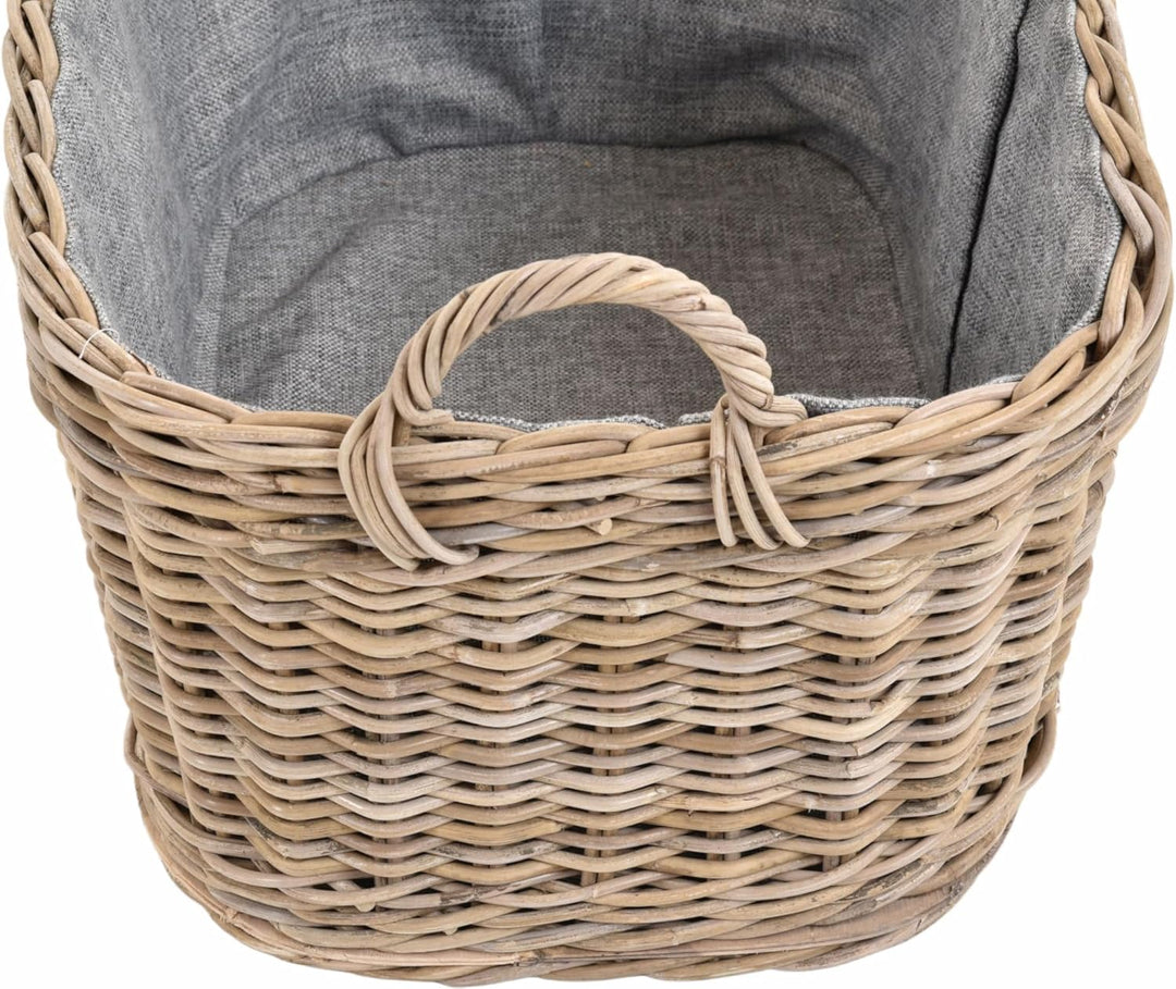 Holzkorb für Kaminholz Rattan geflochten mit Griffen und Stoff Tragekorb Holz (Grau Natur, 64x50cm)