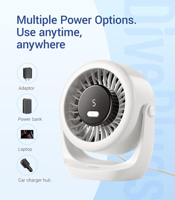 Diveblues USB Turbo Tischventilator, Ultra-Leiser Mini Ventilator, Leistungsstarker Wind, LED-Displa