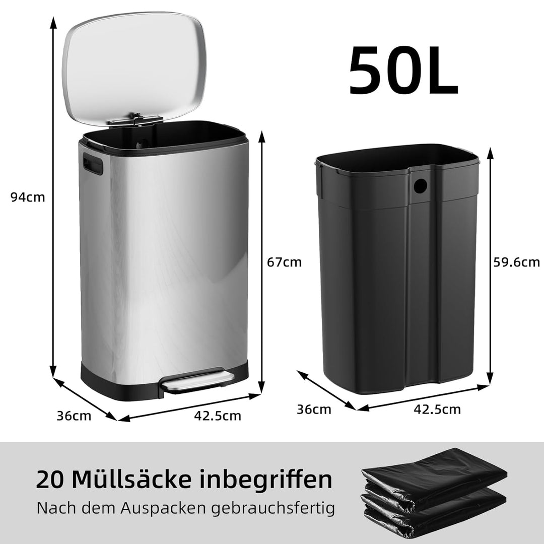 KSSKSS Mülleimer Küche, 50 Liter Edelstahl Abfalleimer, 50L Treteimer mit sanft schliessendem Deckel