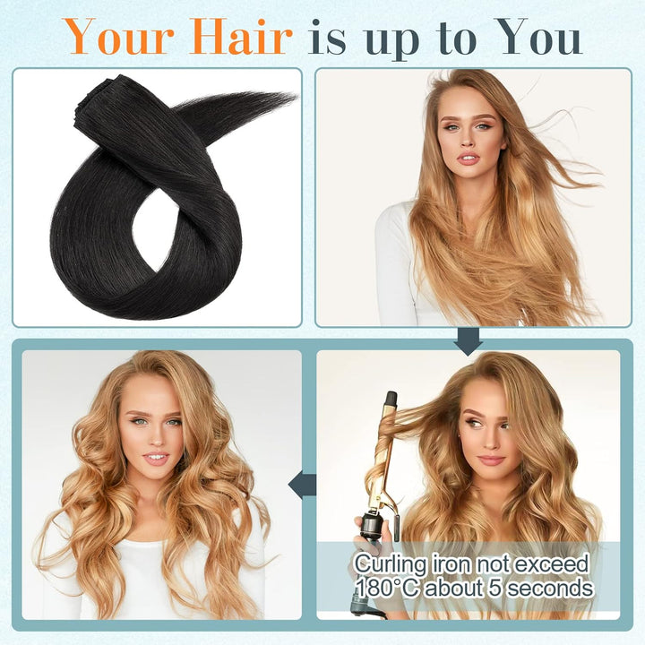 Benehair Clip in Extensions Echthaar, 8 Stück 100% Echtes Haar Extension 55g, Dunkles Schwarz Haarve
