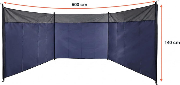 Strand Windschutz blau mit Tragetasche - 500 x 140 cm - Camping Sichtschutz mit Seil und Heringen -