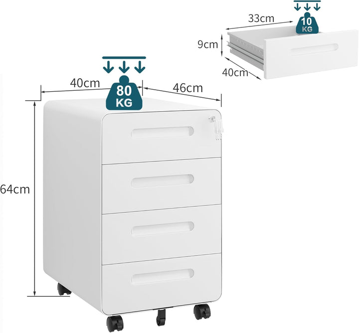 Rollcontainer mit 4 Schubladen, Aktenschrank, Abgerundetes Eckendesign, Abschliessbar, 4 Schlüsseln,