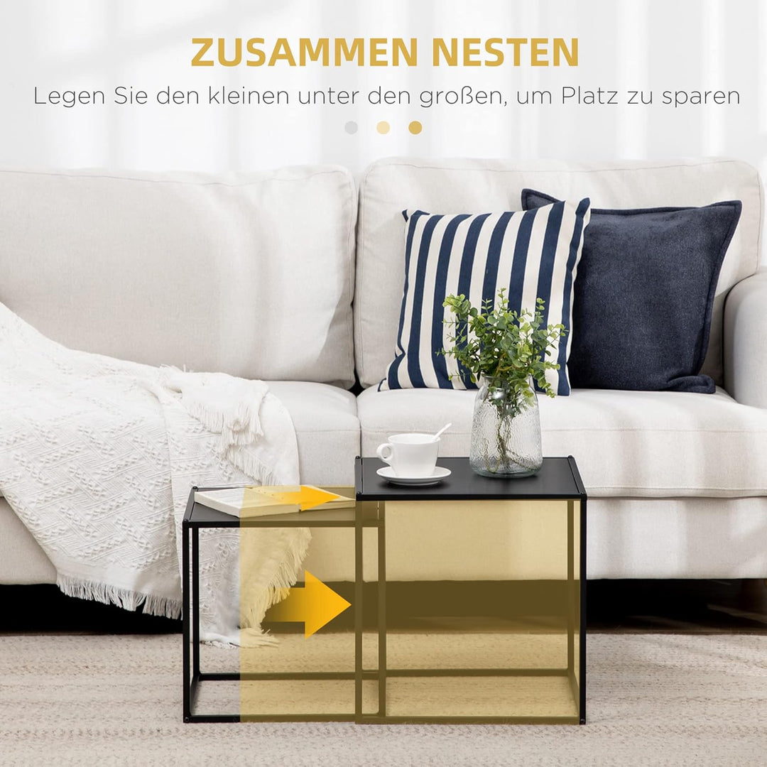 HOMCOM 2er-Set Couchtisch, Eckiger Beistelltisch, Kaffeetisch aus Stahlgestell, Sofatisch für Wohnzi