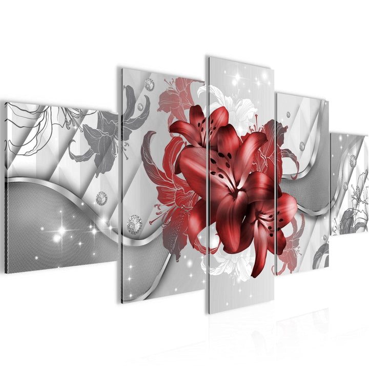 Runa Art Wandbilder Blumen Lilien 5 Teilig Bild auf Vlies Leinwand Deko Wohnzimmer Abstrakt Rot Weis