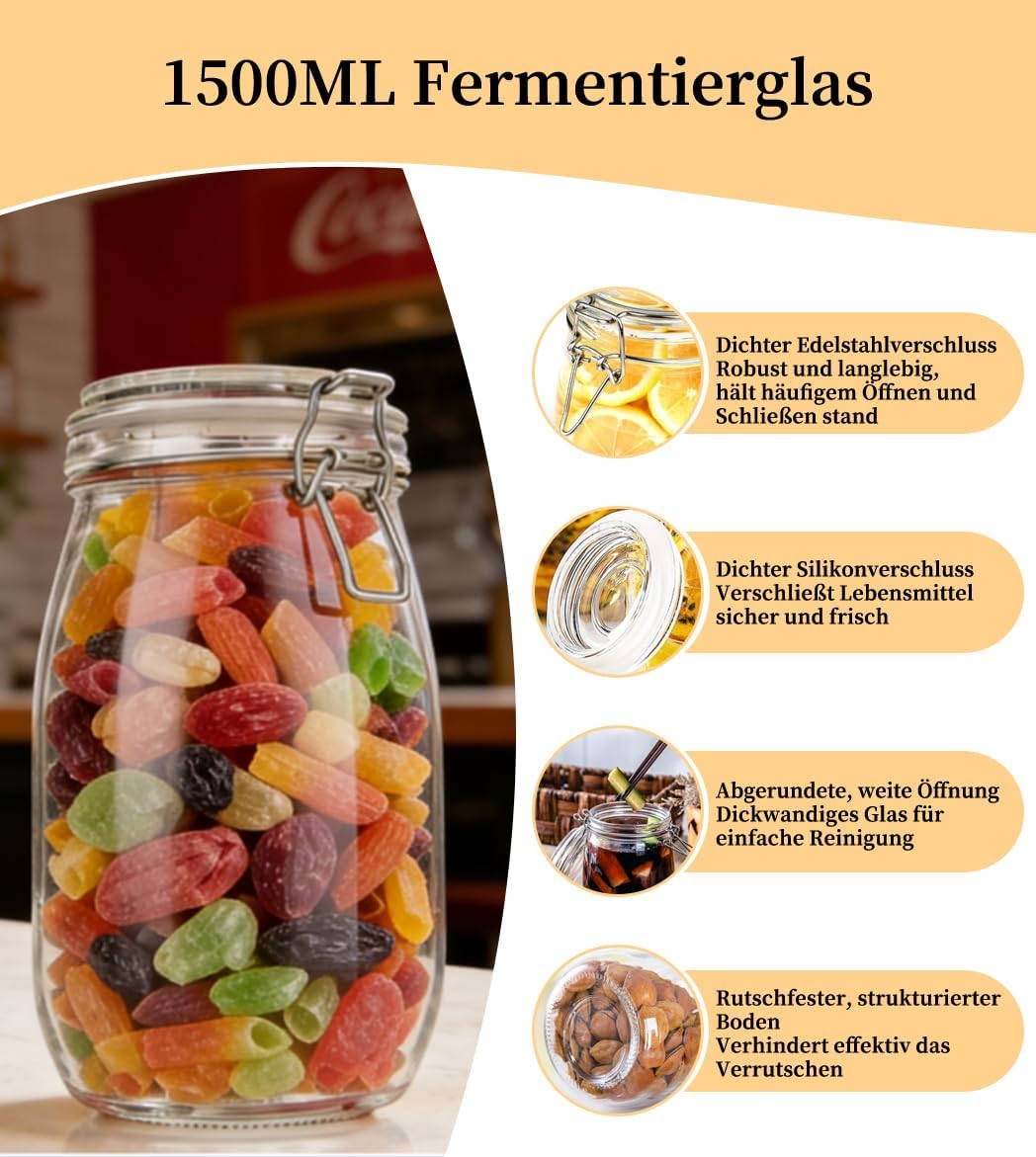 1.5L Einmachgläser, 2 Stück Fermentierglas Premium Einmachgläser mit Bügelverschluss Gläser mit Deck