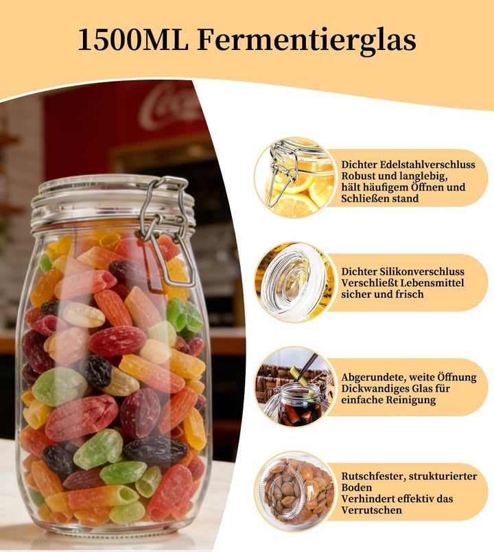 1.5L Einmachgläser, 2 Stück Fermentierglas Premium Einmachgläser mit Bügelverschluss Gläser mit Deck