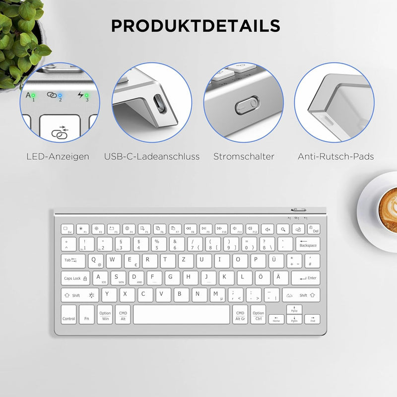 CACOE Deutsche Bluetooth Tastatur kompatibel mit IOS, Android Tablet, Windows, Samsung Tablet, Lenov
