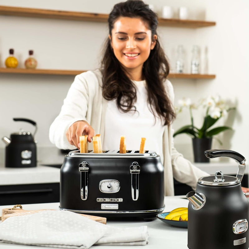 Westinghouse Retroline Frühstück-Set Schwarz, Toaster & Wasserkocher, 1.7 Liter, Kalkfilter & Überhi