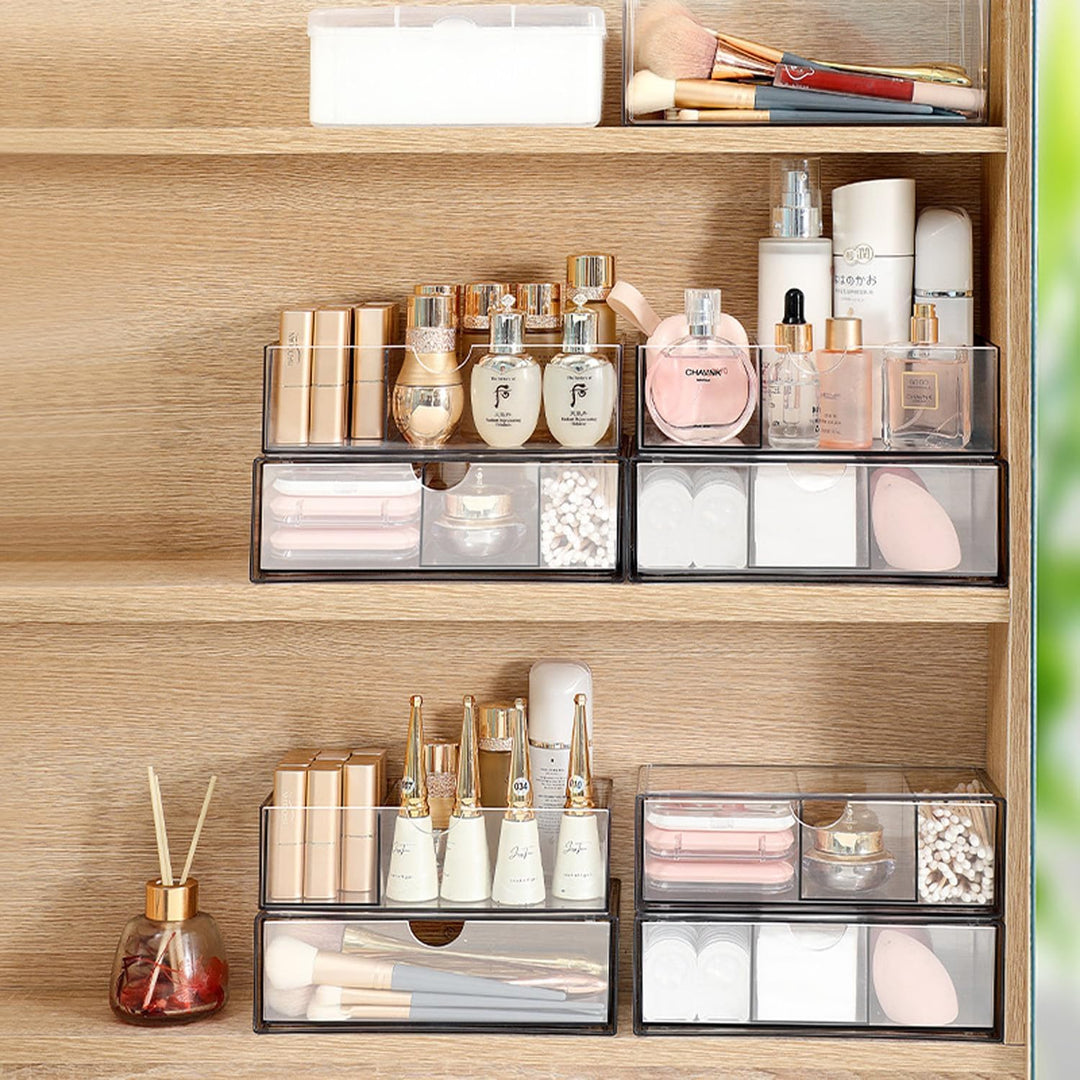 Kosmetik Organizer Set of 2, Acryl Schubladen Stapelbar | Make Up Aufbewahrung Transparent, für Schl