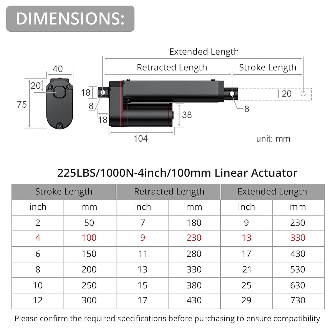 Justech 12V Linear Actuator Lineartechnik-Aktuatoren Lineartechnik 1000N/225LBS 100mm/4in Linearantr