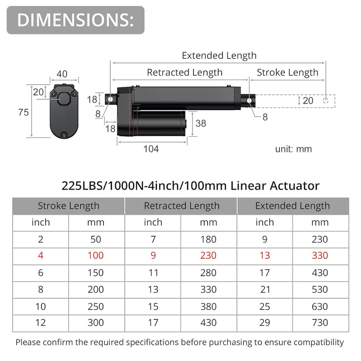 Justech 12V Linear Actuator Lineartechnik-Aktuatoren Lineartechnik 1000N/225LBS 100mm/4in Linearantr