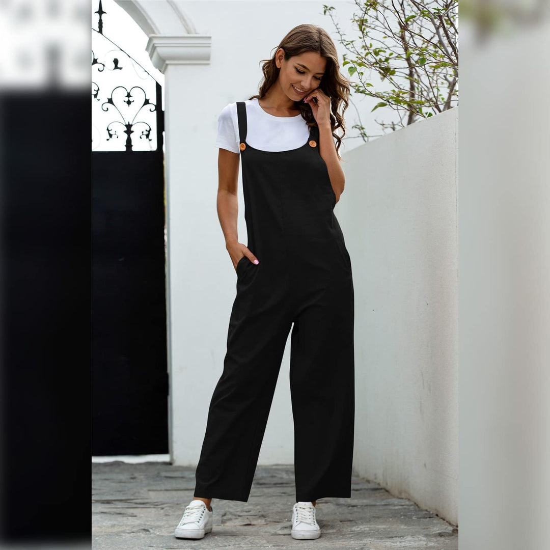 Latzhose Damen Sommer Locker Lang Weite Hose Overall Jumpsuit mit Taschen L Schwarz, L Schwarz