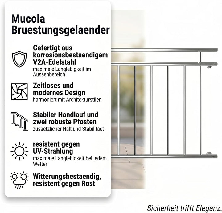 Mucola Balkongeländer Edelstahl V2A 90x156 cm – Stabgeländer mit 12 Füllstäben und Handlauf Ø 3,8cm
