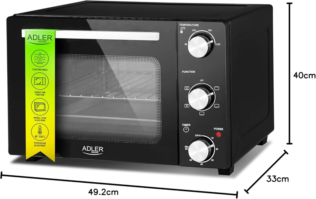 ADLER EUROPE AD 6024 Mini Elektrischer Ofen 22L, Minibackofen mit Umluft, Timer, Ideal für Camping