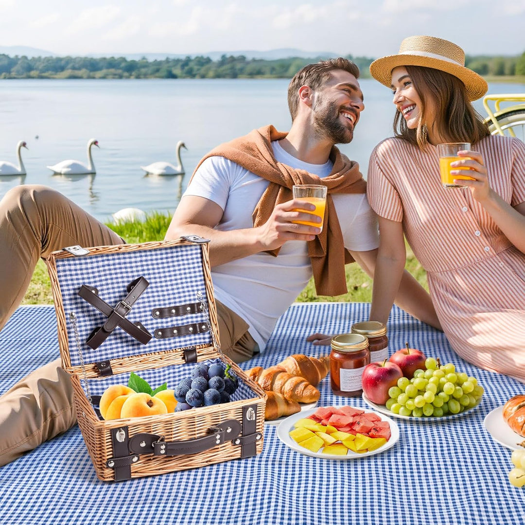 Weiden-Picknickkorb für 2 Personen, Weidenkorb mit Wasserfester Picknickdecke und Besteckset, Pickni