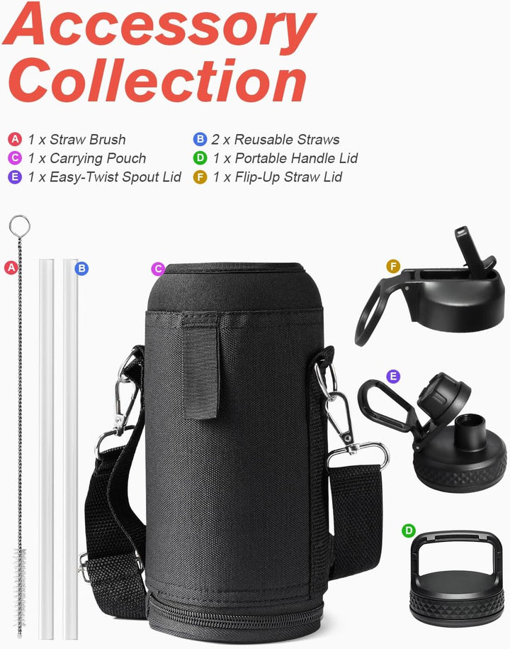 Coolflask Isolierte Wasserflasche 1L, Edelstahl Isolierte Wasserflasche mit Strohhalm & 3 Deckeln, D
