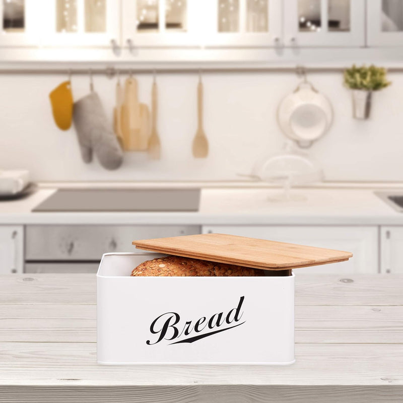 Relaxdays Brotkasten, Brotbox in Retro Design, Bambusdeckel, mit Aufschrift "Bread", Metall, 14 x 30