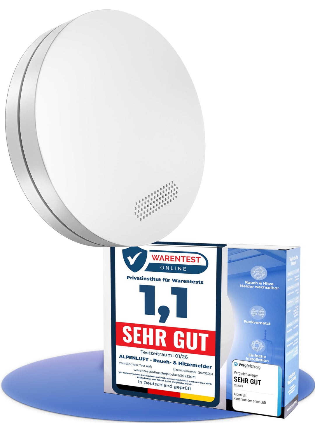 ALPENLUFT Rauchmelder Funk Vernetzt 10 Jahre Batterie, Rauchwarnmelder &amp; Hitzemelder 2in1, Feuermeld