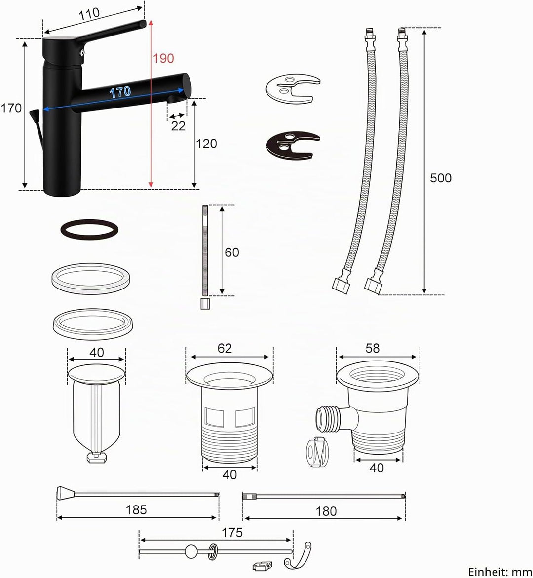 Wasserhahn Bad mit Zugstange, Waschtischarmatur Einhebelmischer mit Auslauf Höhe 120 mm, Mischbatter