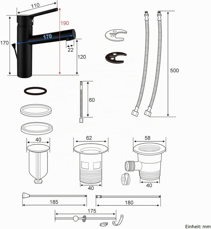 Wasserhahn Bad mit Zugstange, Waschtischarmatur Einhebelmischer mit Auslauf Höhe 120 mm, Mischbatter