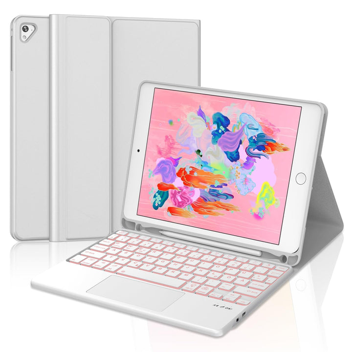 JADEMALL Für iPad 6 9,7"&amp; Air 2 Hülle mit Touchpad &amp; Beleuchtung QWERTZ | Mit 7-Farben Beleuchtung &amp;