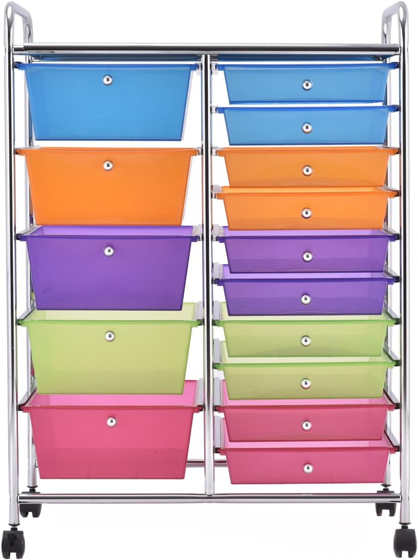 COSTWAY Rollwagen mit 15 stapelbaren Schubladen, Schubladenwagen Rollcontainer mit Metallgestell und