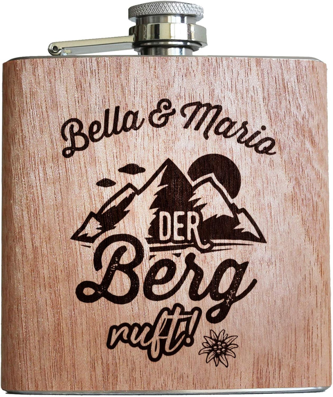 Der Berg ruft Holz Flachmann mit Gravur personalisiert mit Name Geschenk Männer Wandern Bergsteiger