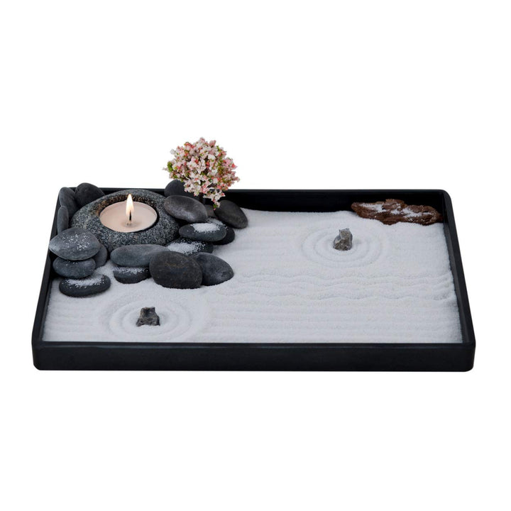 ICNBUYS Kerzenhalter aus Zen-Gartenkiesel, handgefertigt, mit Zen-Gartenwerkzeugen, Sand, Grundplatt