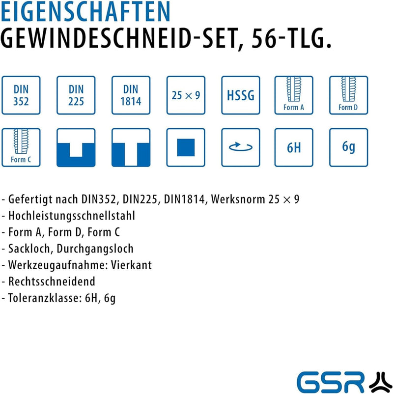 GSR PROFI Gewindeschneidsortiment, 56-teilig, Gewindeschneidsatz metrisch, Geschwindeschneider Set H