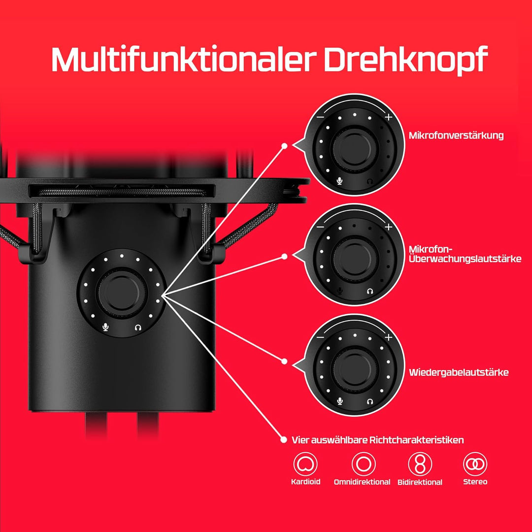 HyperX QuadCast 2, USB-Mikrofon für Gaming, Streaming und Podcasting, Tippen-zum-Stummschalten-Senso