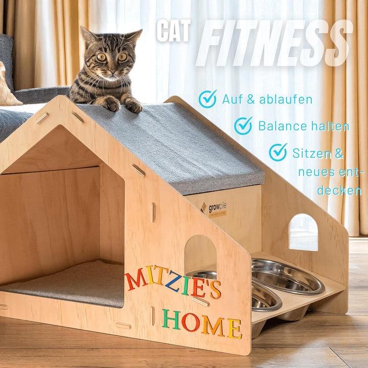 growpile Katzen- und Hundehäusschen aus hochwertigem Kiefernholz mit 2 Trinkschalen aus Edelstahl, z