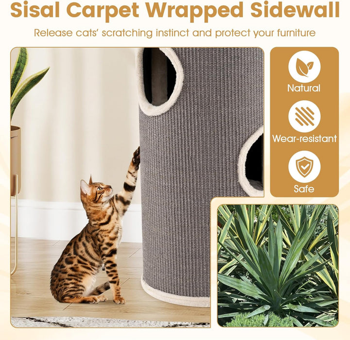 COSTWAY Kratztonne, Ø 36 cm, 70 cm hoch, Katzentonne mit Sisal-Kratzbrett, 3 Katzenhöhlen, Plüschbet