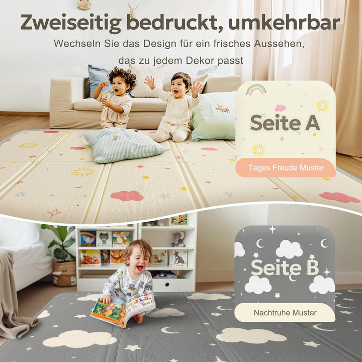 Mallify Krabbelmatte 180x200x1,5cm für Baby, Faltbar & Schadstofffrei, Beidseitig Verwendbare Spielm