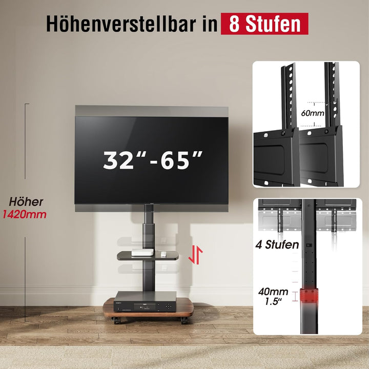 AOKCOS TV Ständer Rollbar mit Holzablage Regal, Fernsehständer auf Rollen für 32-65 Zoll Fernseher,