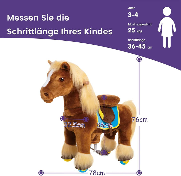 PonyCycle Reitpferd auf Rollen, für Kinder 3–4 Jahre, 76cm Hoch, Schaukelpferd Gross mit Handbremse,